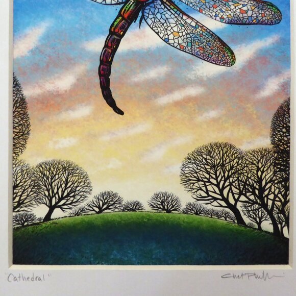 “CATHEDRAL” DRAGONFLY STAINED GLASS WINGS FRAMED SIGNED ART PRINT CHET PHILLIPS - Picture 6 of 9